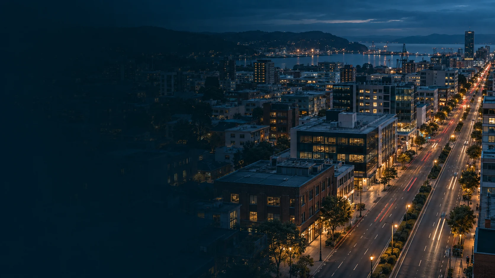 Illustrative urban transport corridor at blue hour